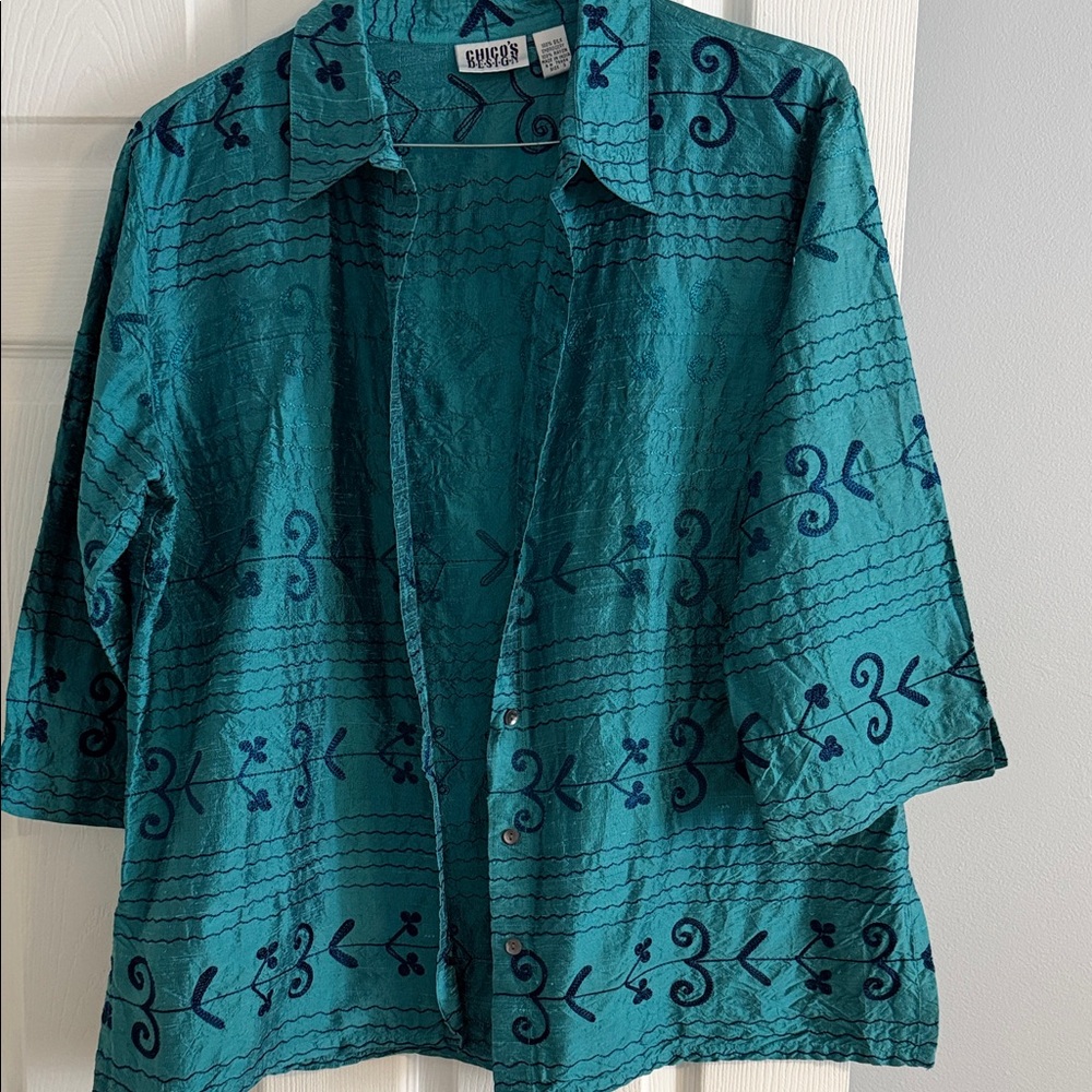 Chico's Design Vintage Teal and Navy Embroidered Blouse 3/4 Sleeve - size XL/16
